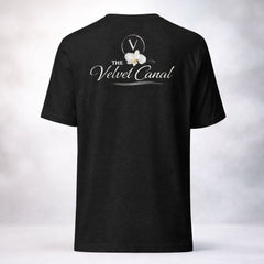 Black t-shirt with 'The Velvet Canal' logo on the back against a white background