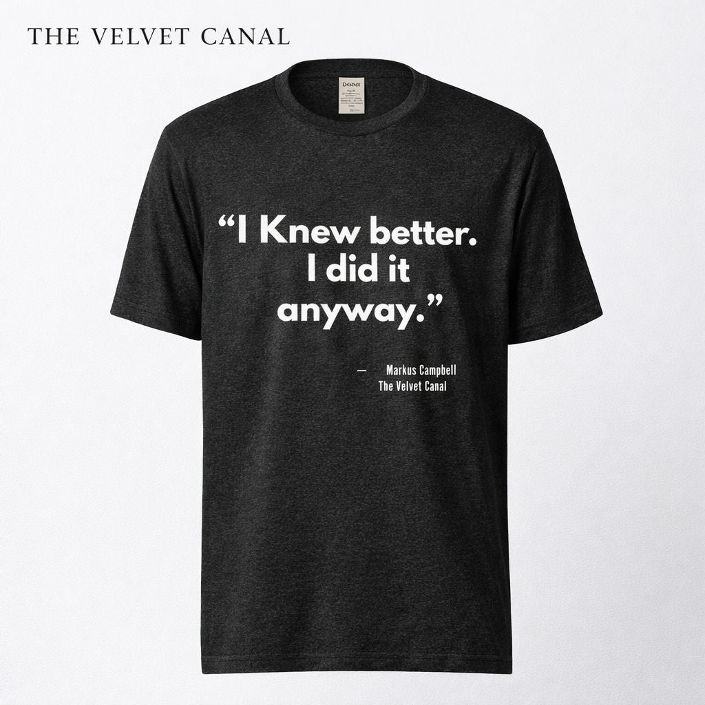 Black t-shirt with white text on a white background