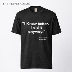 Black t-shirt with white text on a white background