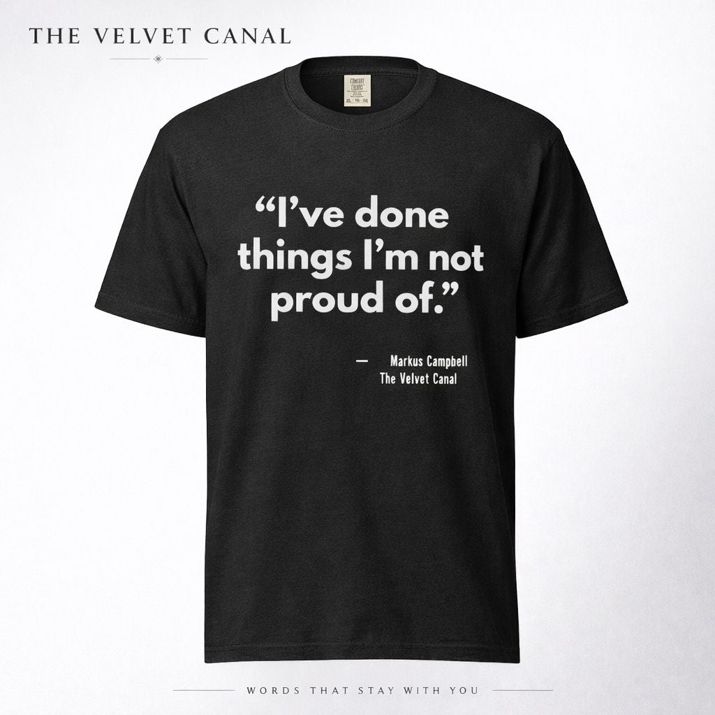 Black t-shirt with white text on a white background