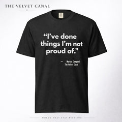 Black t-shirt with white text on a white background