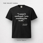 Black t-shirt with white text on a light gray background
