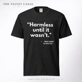 Black t-shirt with white text on a white background