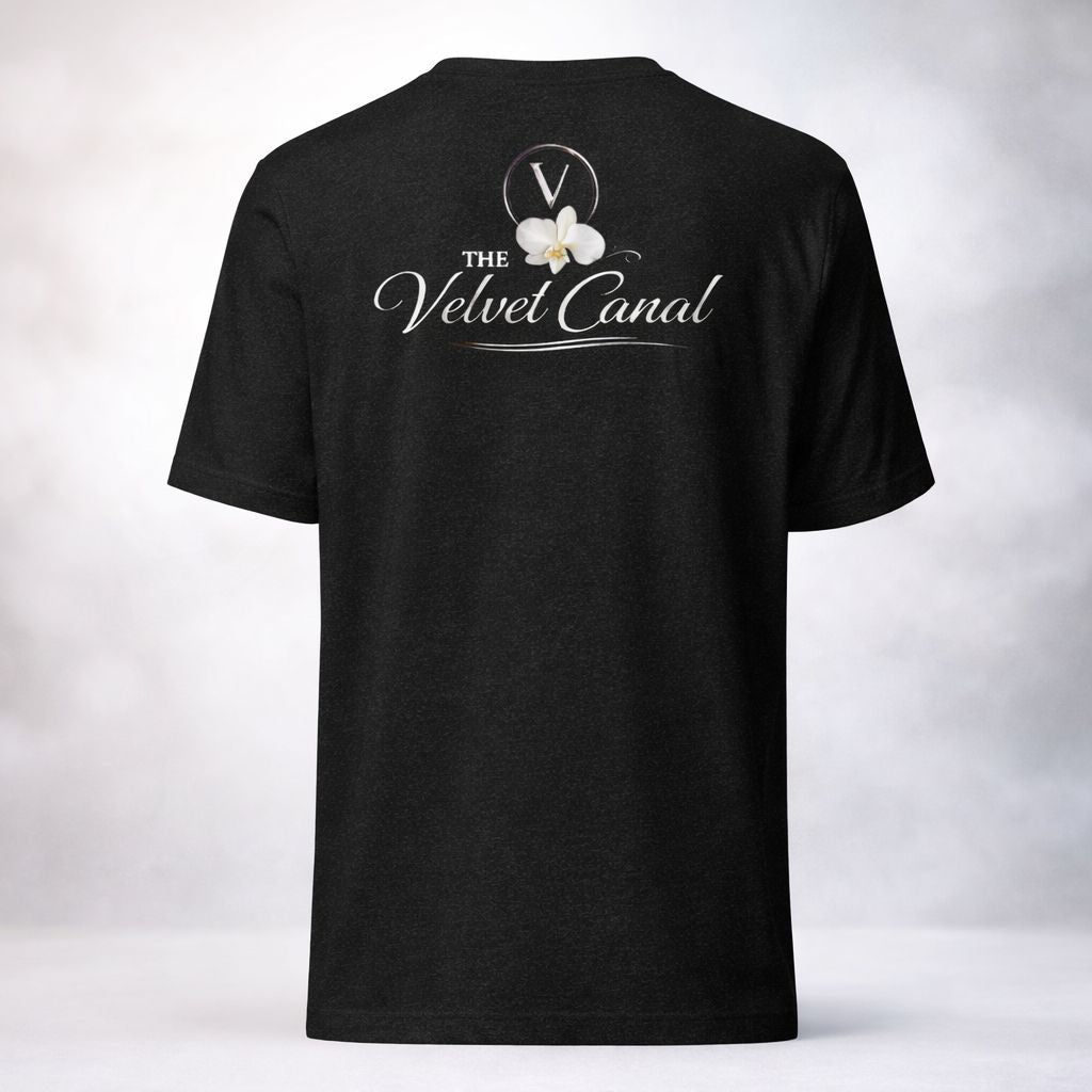 Black t-shirt with 'The Velvet Canal' logo on the back against a white background