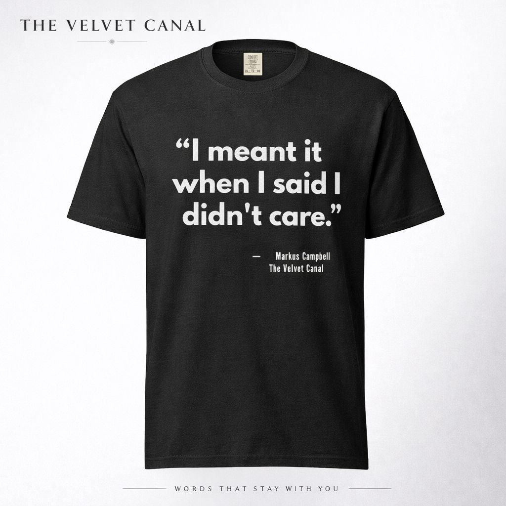 Black t-shirt with white text on a white background
