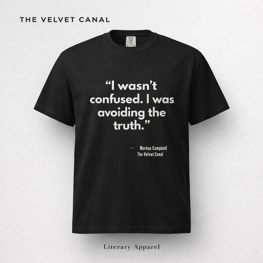 Black t-shirt with white text on a light gray background