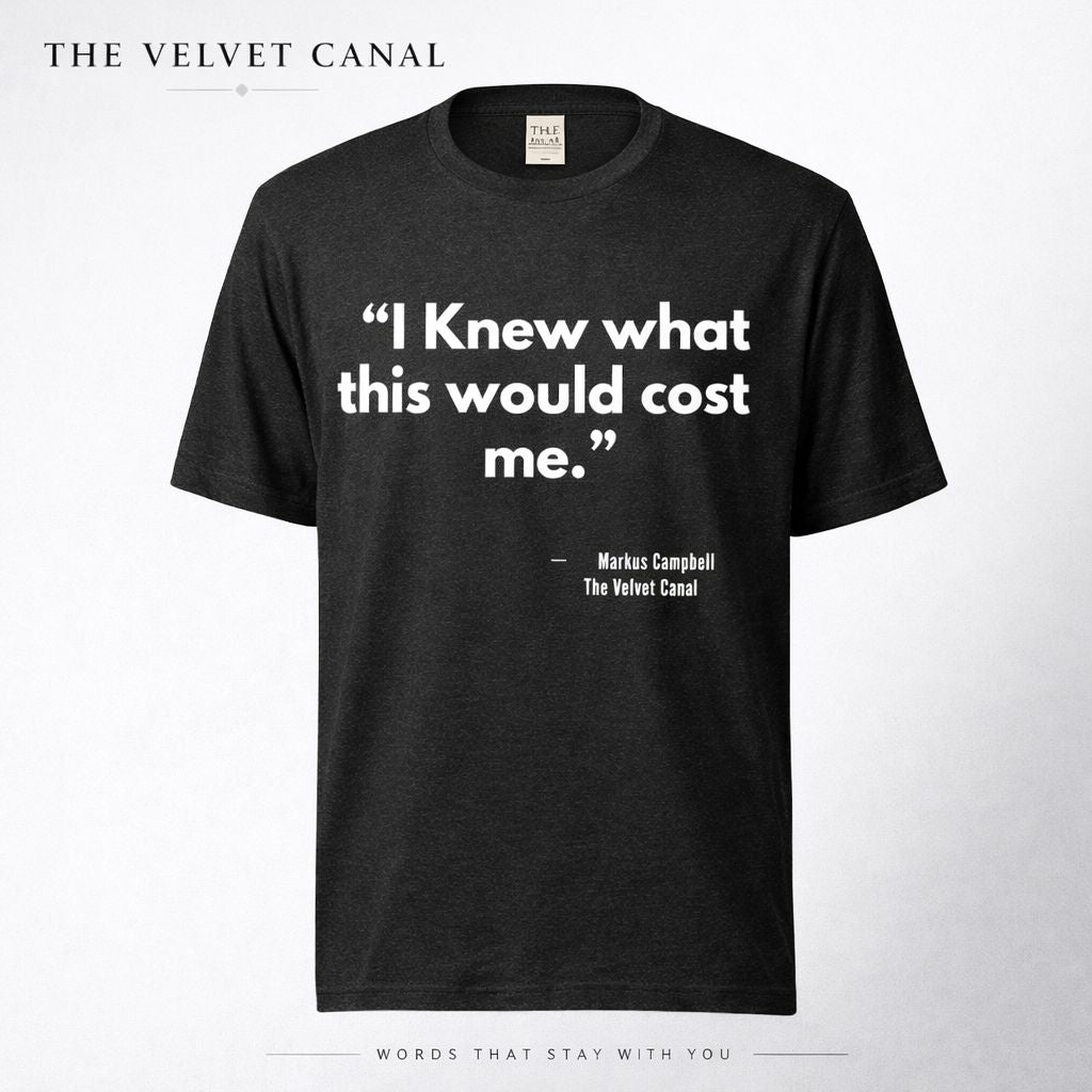 Black t-shirt with white text 'I Knew what this would cost me.' by Markus Campbell on a white background.