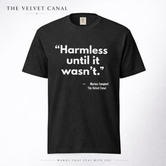 Black t-shirt with white text on a white background