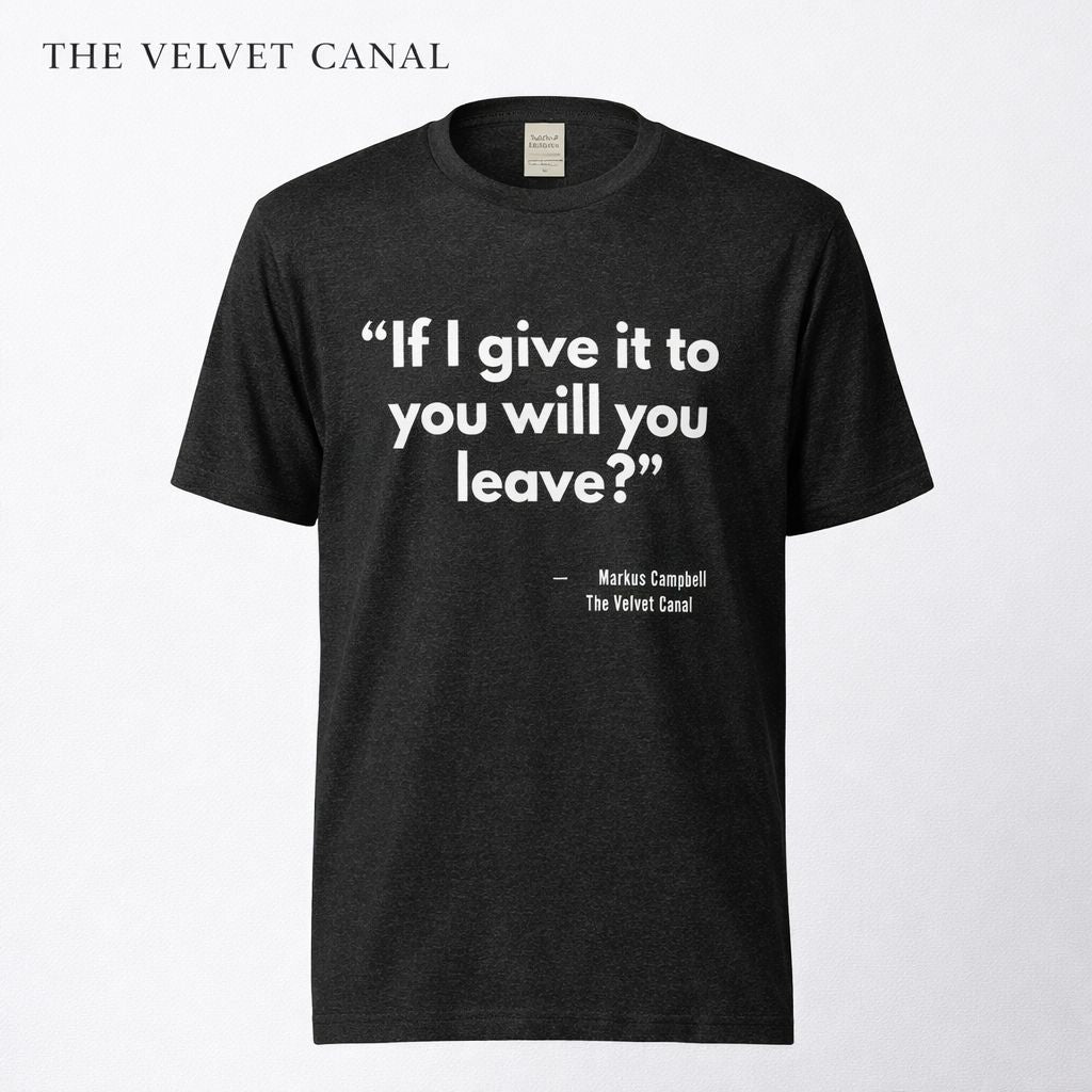 Black t-shirt with white text on a white background