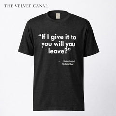 Black t-shirt with white text on a white background